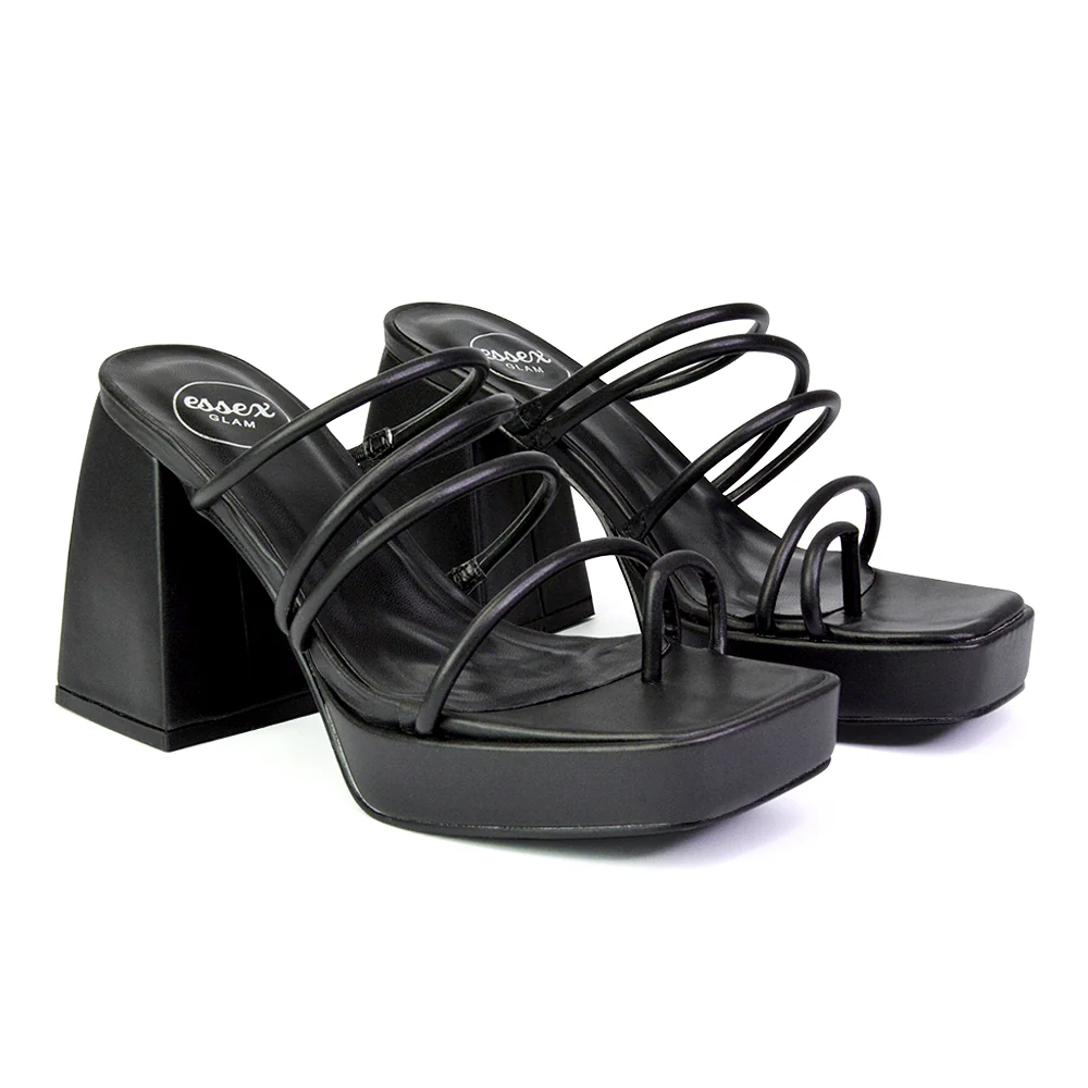 Colt Platform Strappy Square Toe Block High Heeled Mules Sandals in Black PU - Image 53