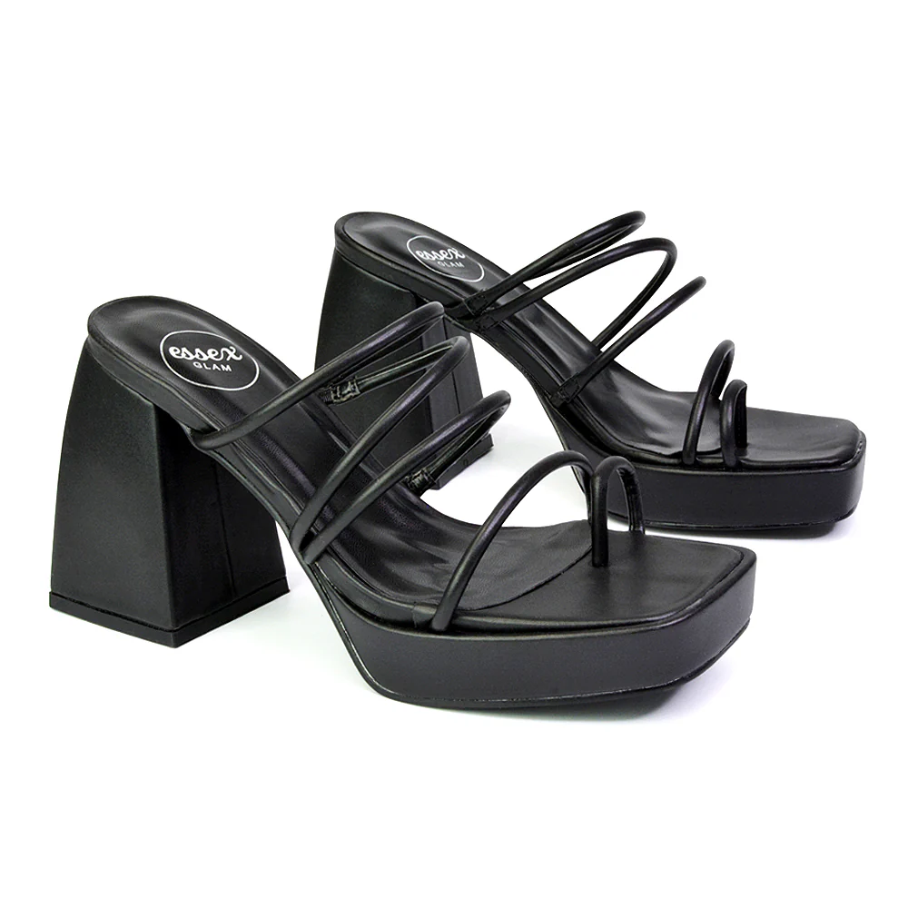 Colt Platform Strappy Square Toe Block High Heeled Mules Sandals in Black PU - Image 61