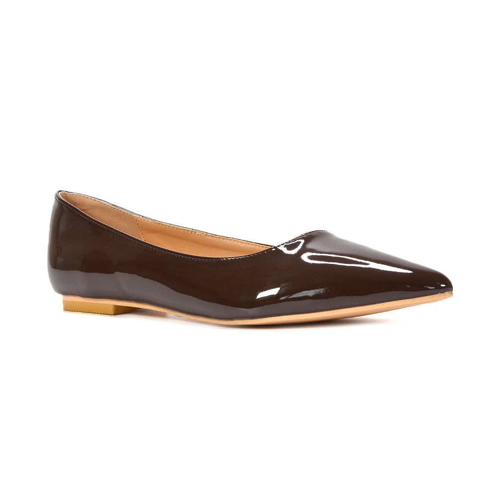 Cordelia Pointed Toe Flat Heel Ballerina Pump Shoes in Brown Patent - Image 4
