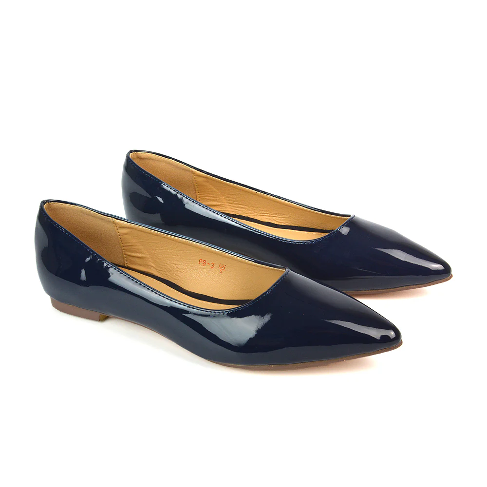 Cordelia Pointed Toe Flat Heel Ballerina Pump Shoes in Brown Patent - Image 7
