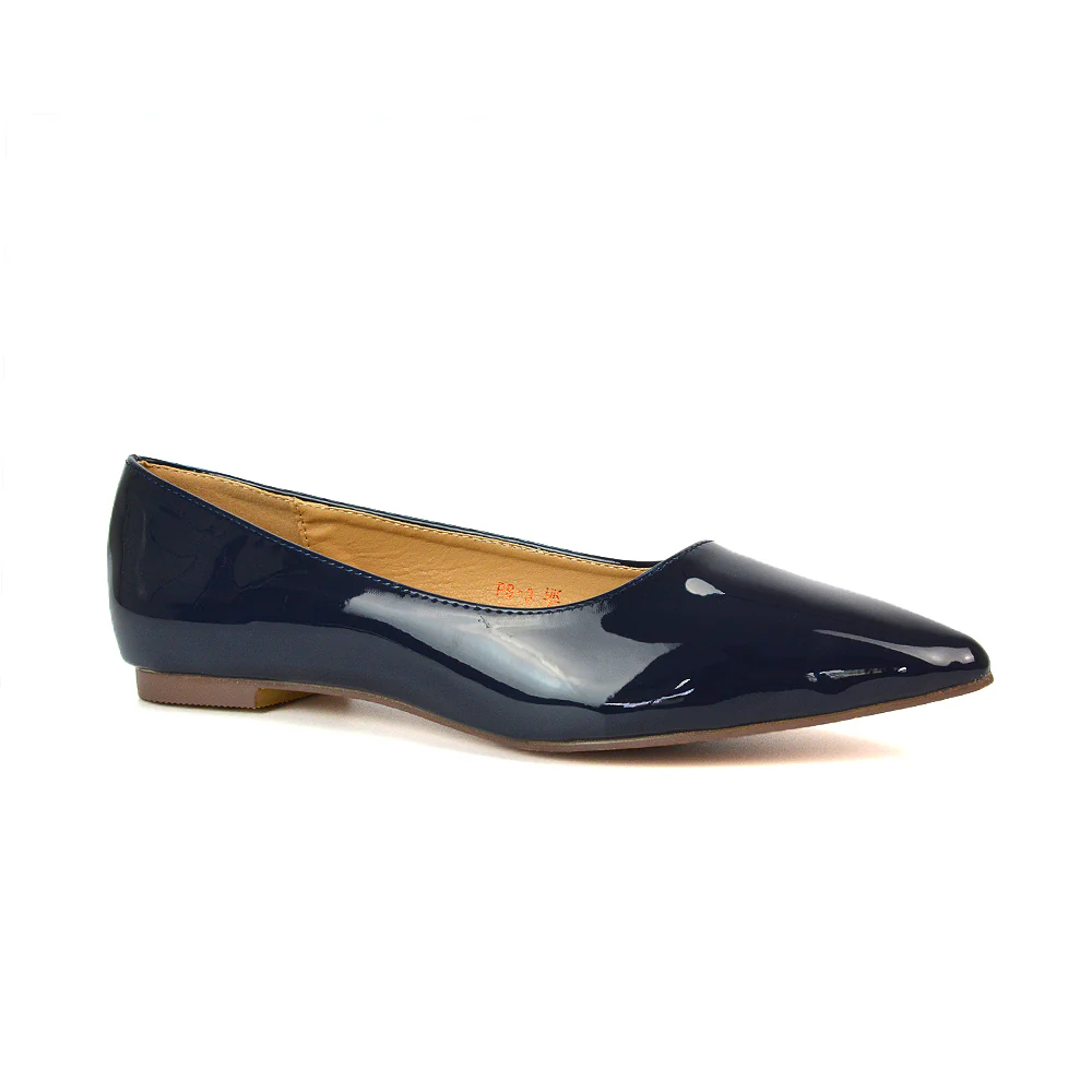 Cordelia Pointed Toe Flat Heel Ballerina Pump Shoes in Brown Patent - Image 9