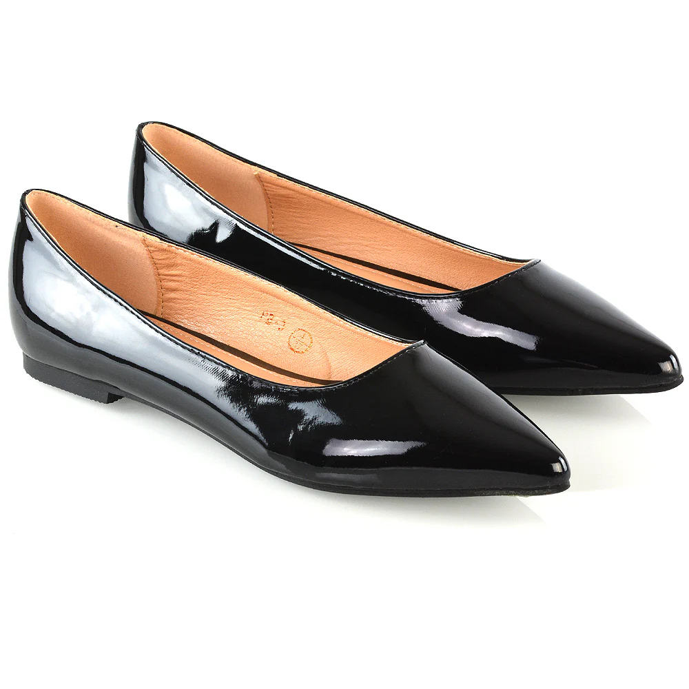 Cordelia Slip on Pointed Toe Flat Ballerina Pump Shoes In Black Patent - Image 14