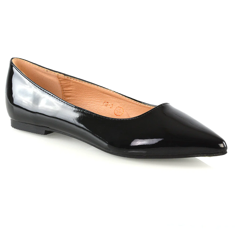 Cordelia Slip on Pointed Toe Flat Ballerina Pump Shoes In Black Patent - Image 18