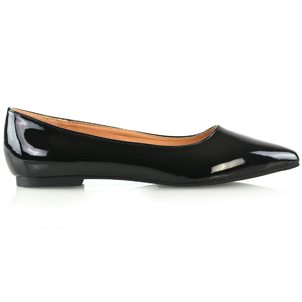 Cordelia Slip on Pointed Toe Flat Ballerina Pump Shoes In Black Patent - Image 25