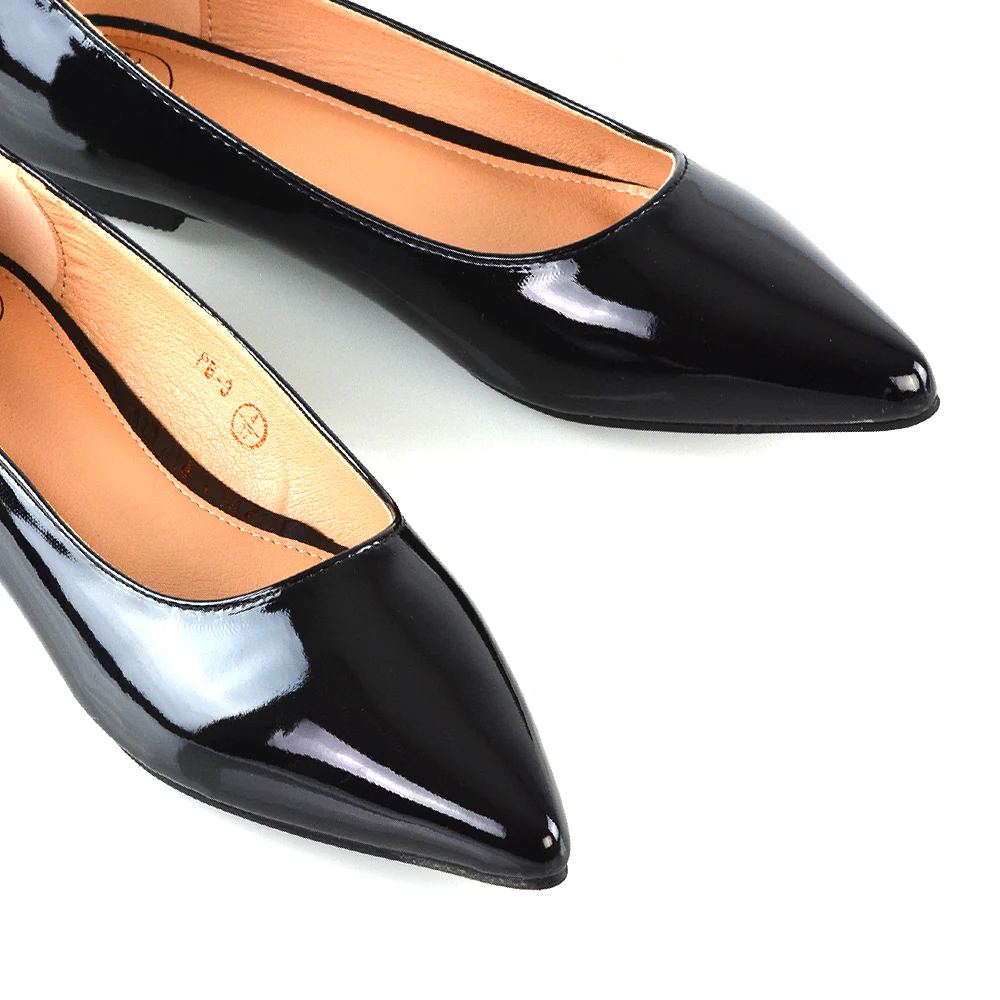 Cordelia Slip on Pointed Toe Flat Ballerina Pump Shoes In Black Patent - Image 4