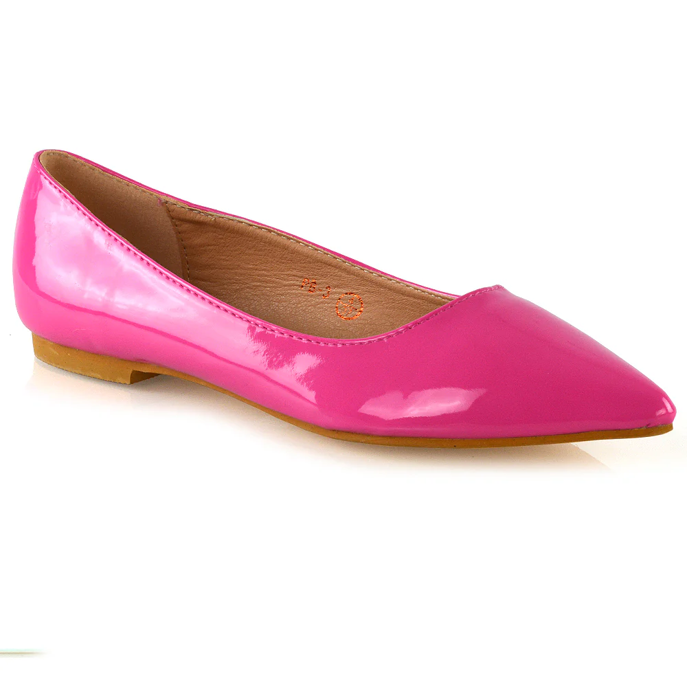 Cordelia Slip on Pointed Toe Flat Ballerina Pump Shoes In Fuchsia Patent - Image 12