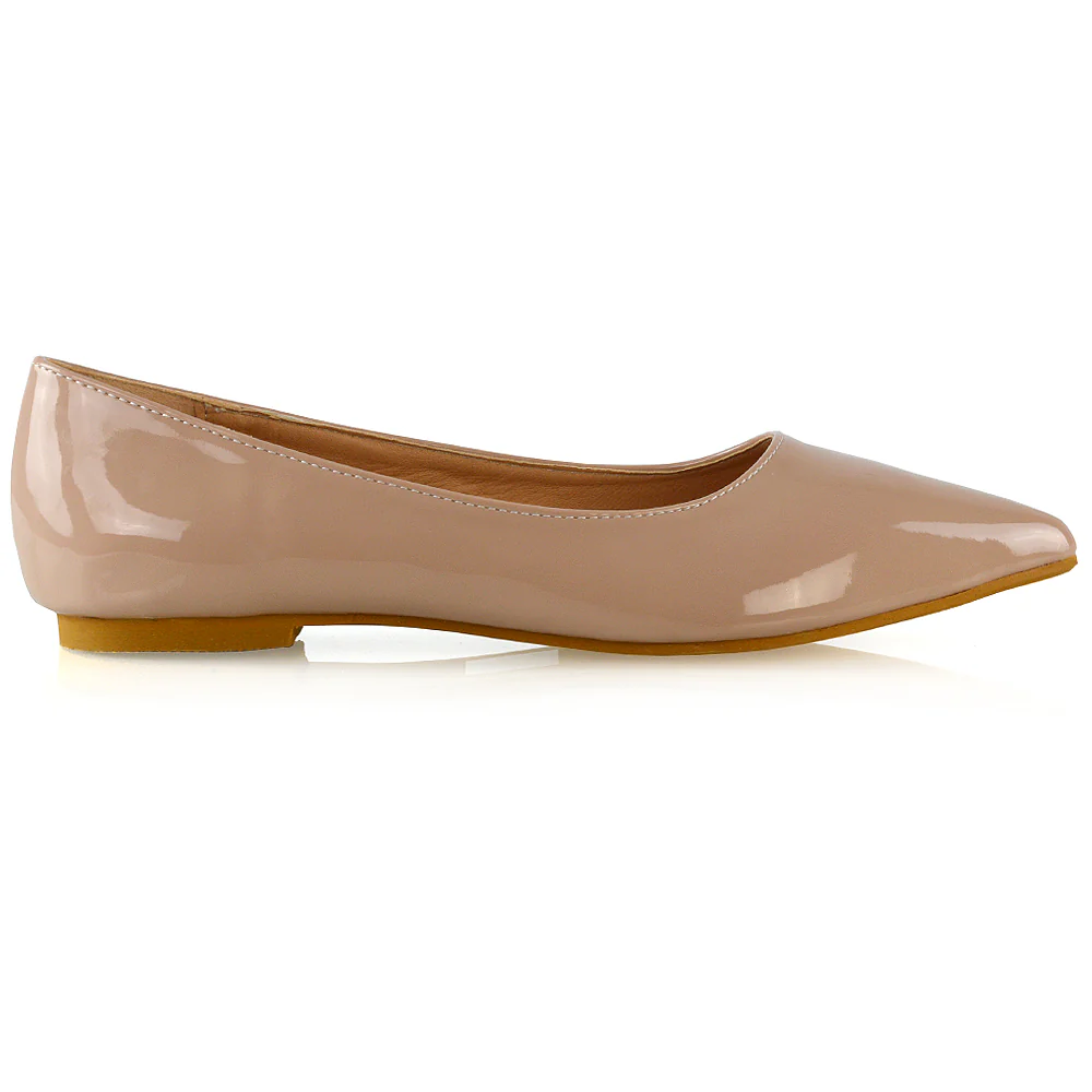 Cordelia Slip on Pointed Toe Flat Ballerina Pump Shoes In Nude Patent - Image 14