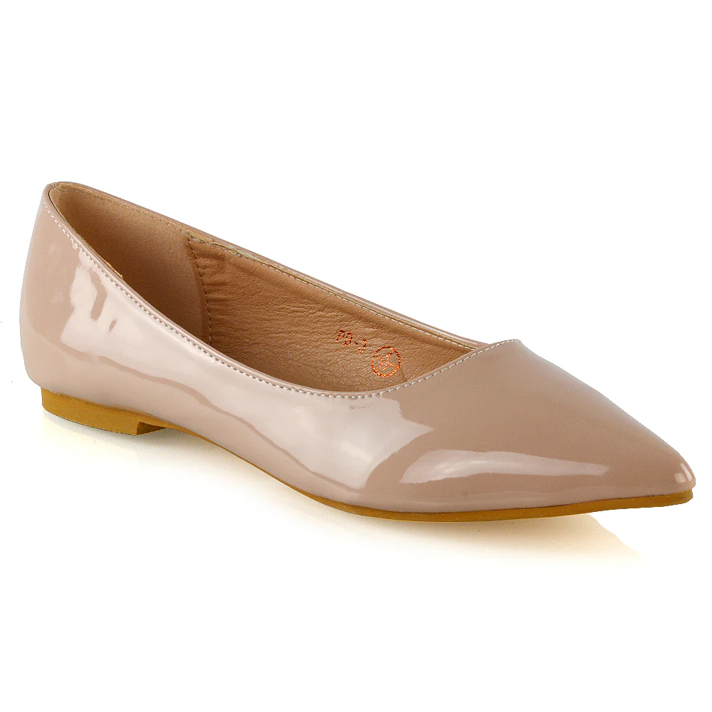 Cordelia Slip on Pointed Toe Flat Ballerina Pump Shoes In Nude Patent - Image 19