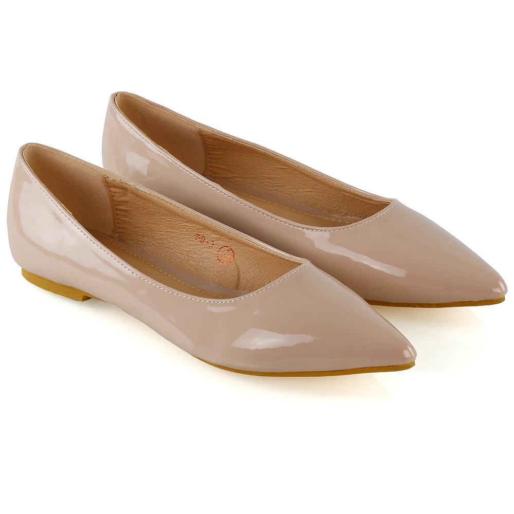 Cordelia Slip on Pointed Toe Flat Ballerina Pump Shoes In Nude Patent - Image 6
