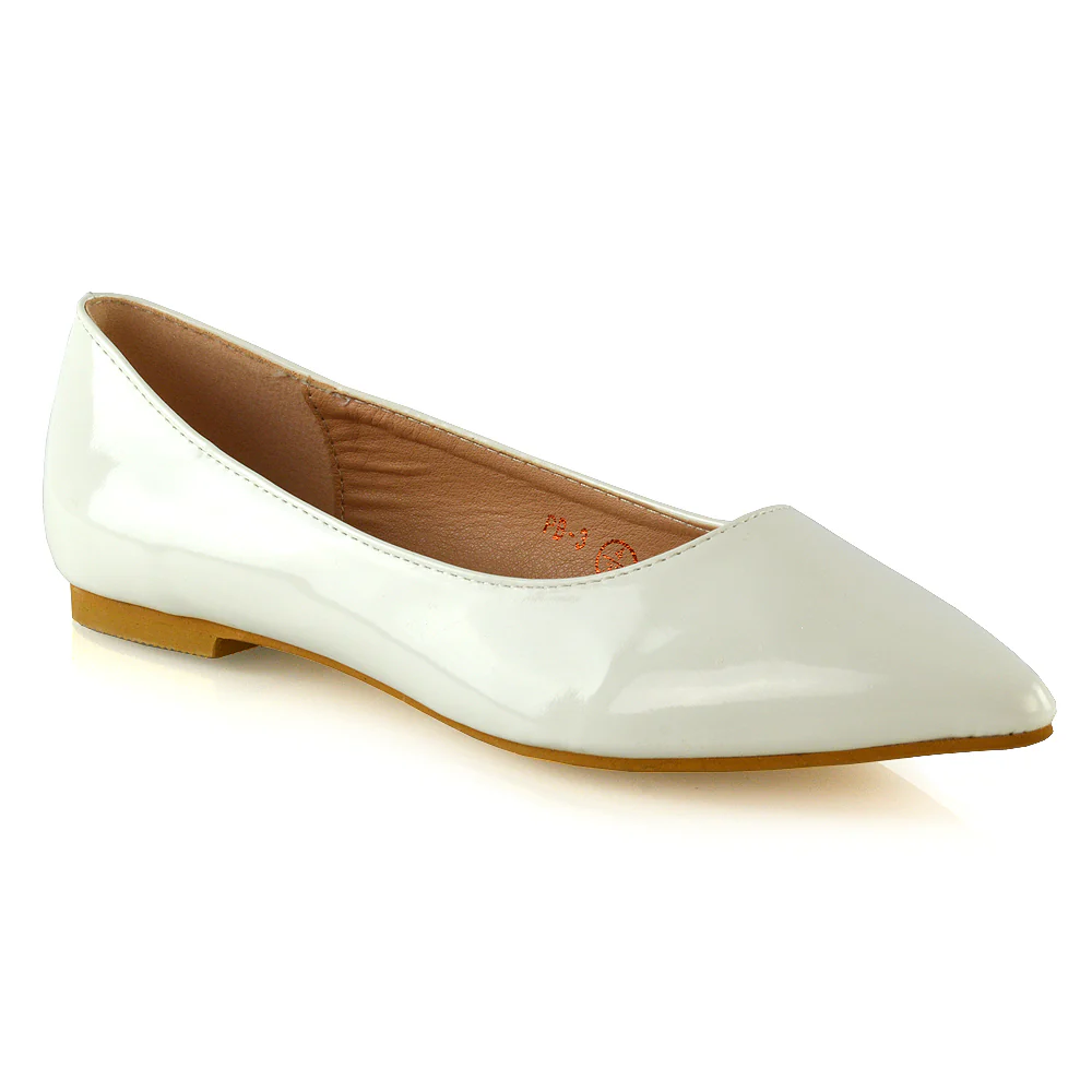 Cordelia Slip on Pointed Toe Flat Ballerina Pump Shoes In White Patent - Image 16