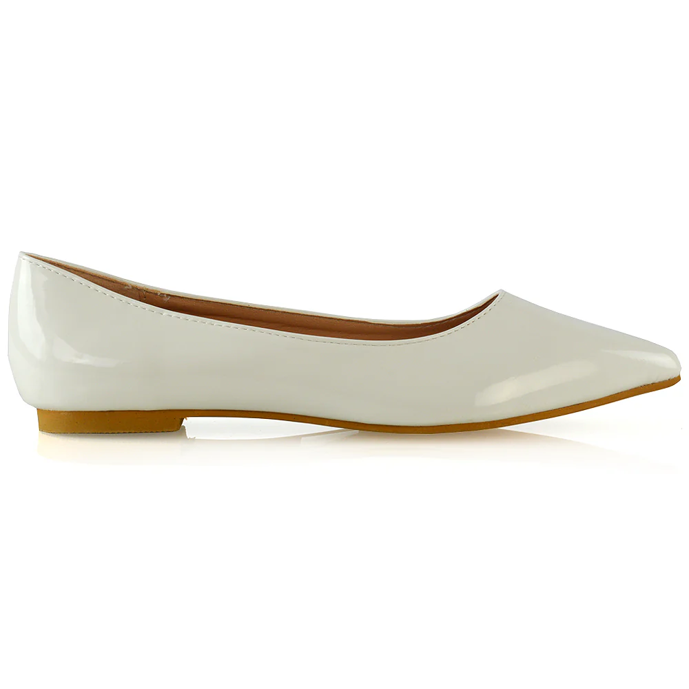 Cordelia Slip on Pointed Toe Flat Ballerina Pump Shoes In White Patent - Image 2