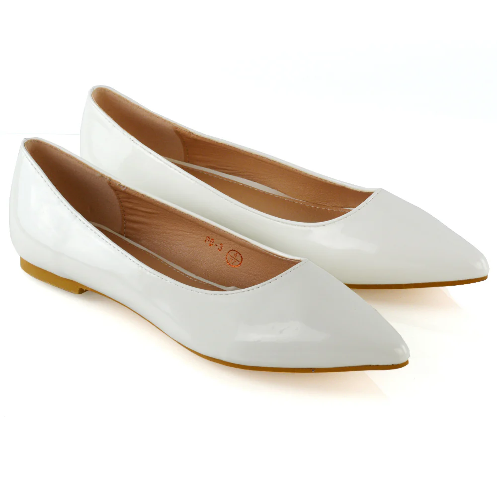 Cordelia Slip on Pointed Toe Flat Ballerina Pump Shoes In White Patent - Image 9