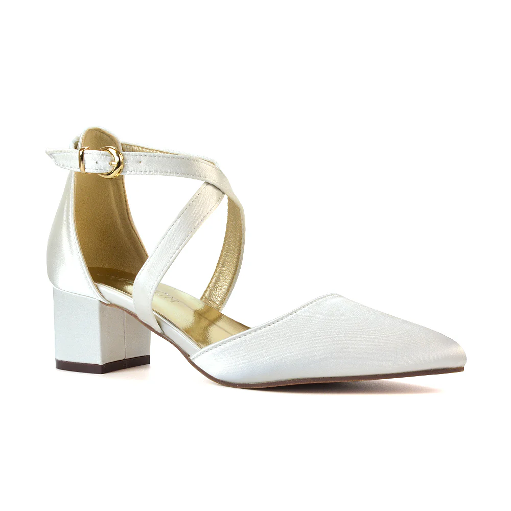 Cynthia Pointed Toe Ankle Strap Mid Block Heels Court Shoes in Black Faux Suede - Image 122