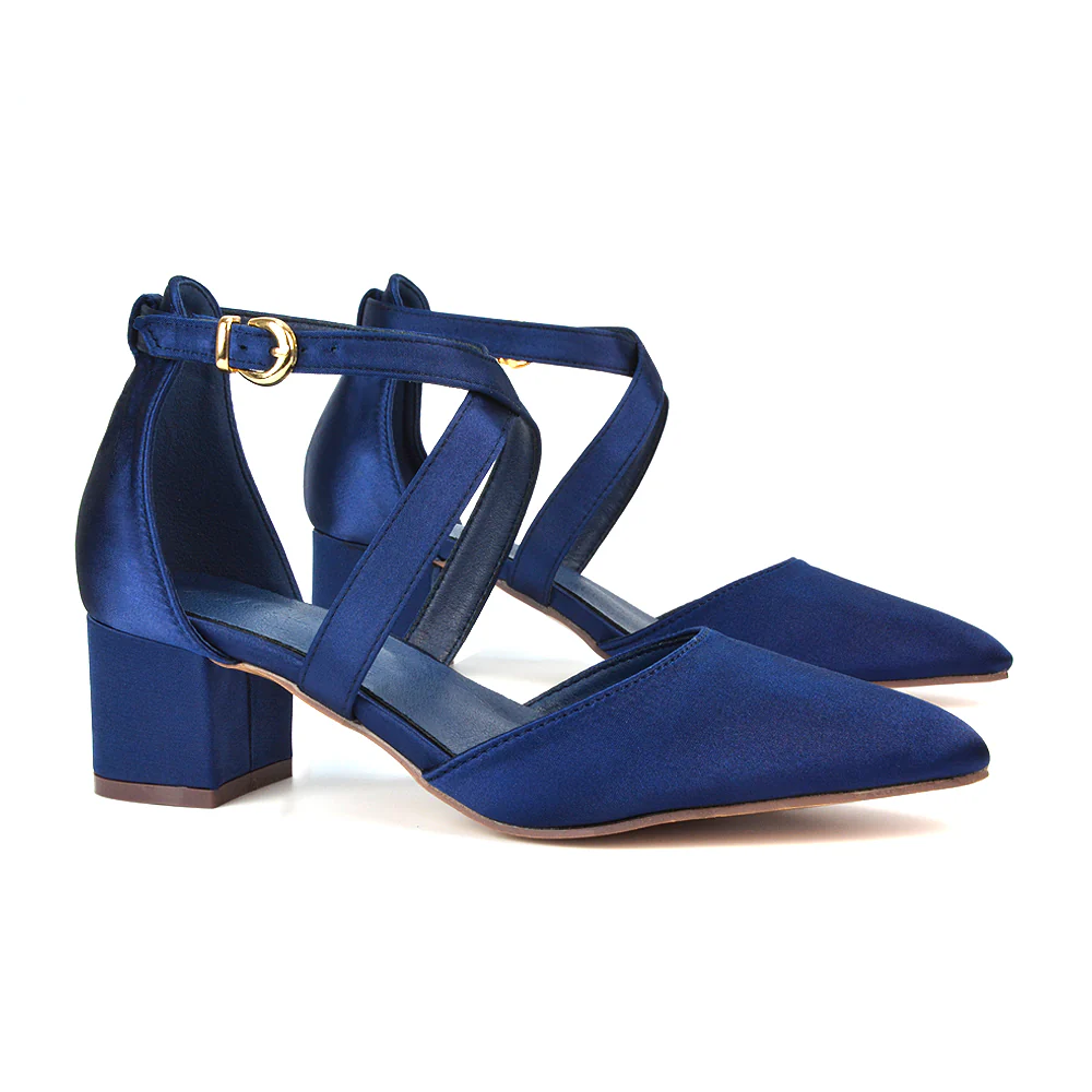 Cynthia Pointed Toe Ankle Strap Mid Block Heels Court Shoes in Black Faux Suede - Image 22