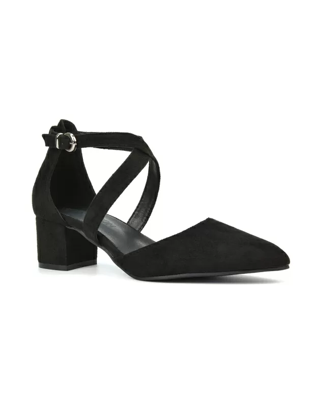 Cynthia Pointed Toe Ankle Strap Mid Block Heels Court Shoes in Black Synthetic Leather - Image 2