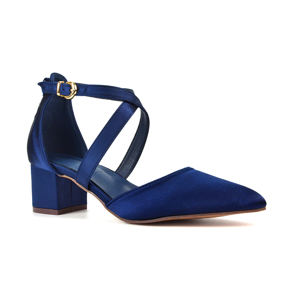 Cynthia Pointed Toe Ankle Strap Mid Block Heels Court Shoes in Black Synthetic Leather - Image 33