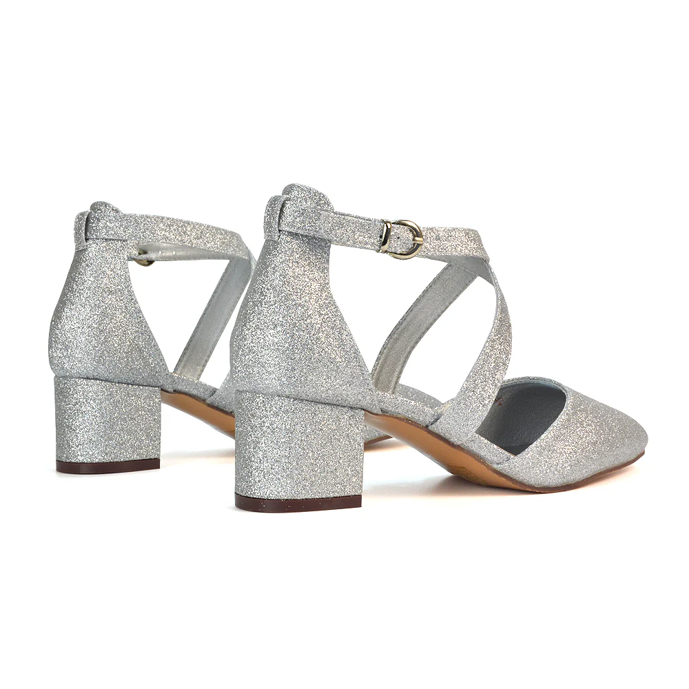 Cynthia Pointed Toe Ankle Strap Mid Block Heels Court Shoes in Ivory Satin - Image 162