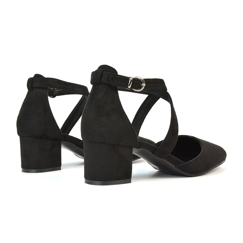 Cynthia Pointed Toe Ankle Strap Mid Block Heels Court Shoes in Ivory Satin - Image 210