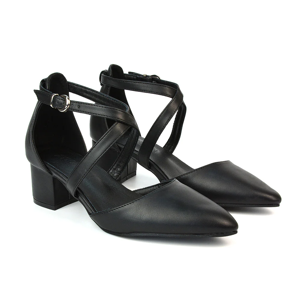 Cynthia Pointed Toe Ankle Strap Mid Block Heels Court Shoes in Ivory Satin - Image 71