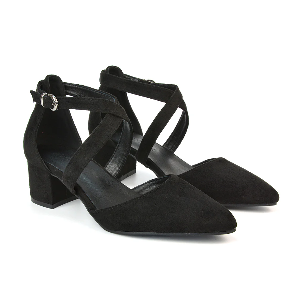 Cynthia Pointed Toe Ankle Strap Mid Block Heels Court Shoes in Navy Satin - Image 209