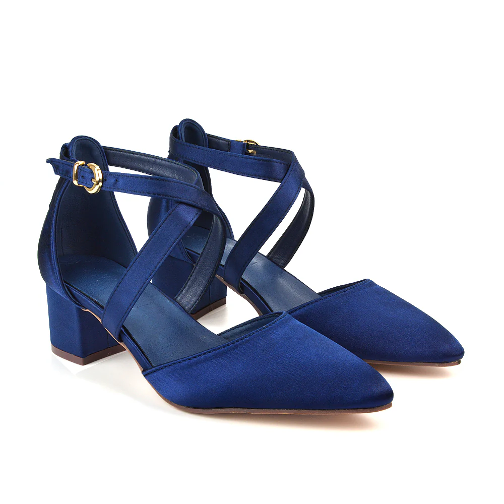 Cynthia Pointed Toe Ankle Strap Mid Block Heels Court Shoes in White Synthetic Leather - Image 11