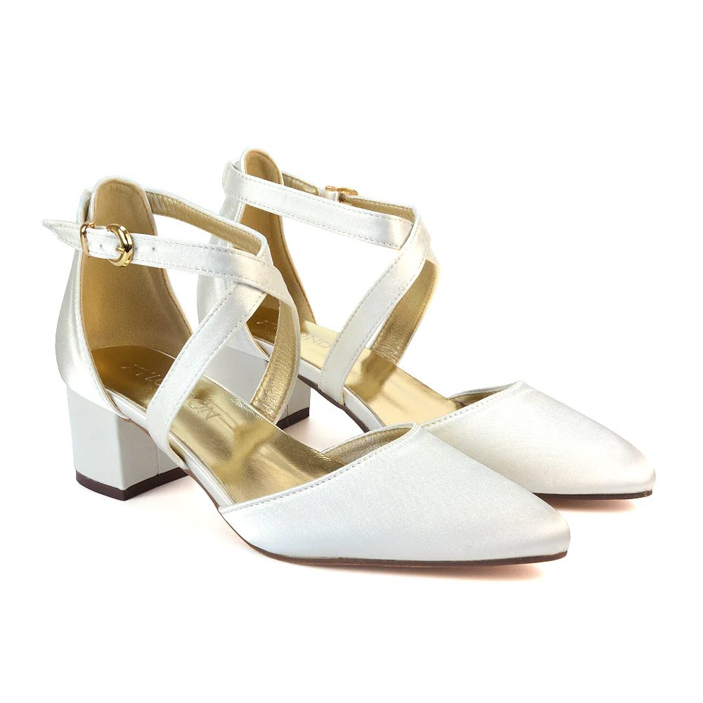 Cynthia Pointed Toe Ankle Strap Mid Block Heels Court Shoes in White Synthetic Leather - Image 143