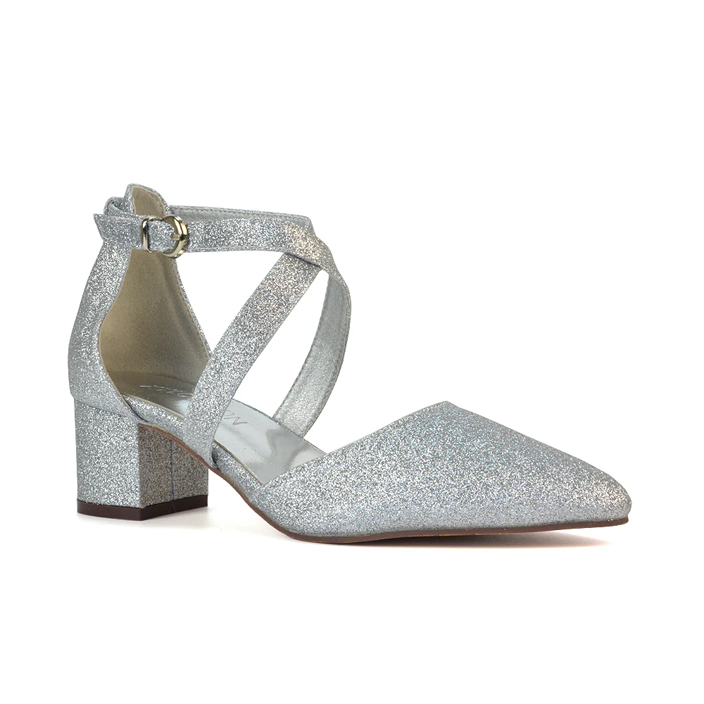 Cynthia Pointed Toe Ankle Strap Mid Block Heels Court Shoes in White Synthetic Leather - Image 153