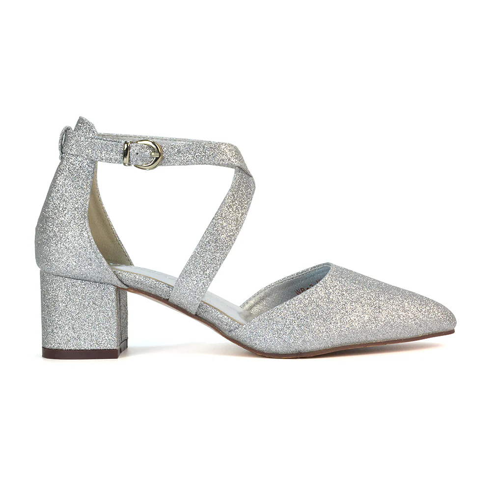 Cynthia Pointed Toe Ankle Strap Mid Block Heels Court Shoes in White Synthetic Leather - Image 159