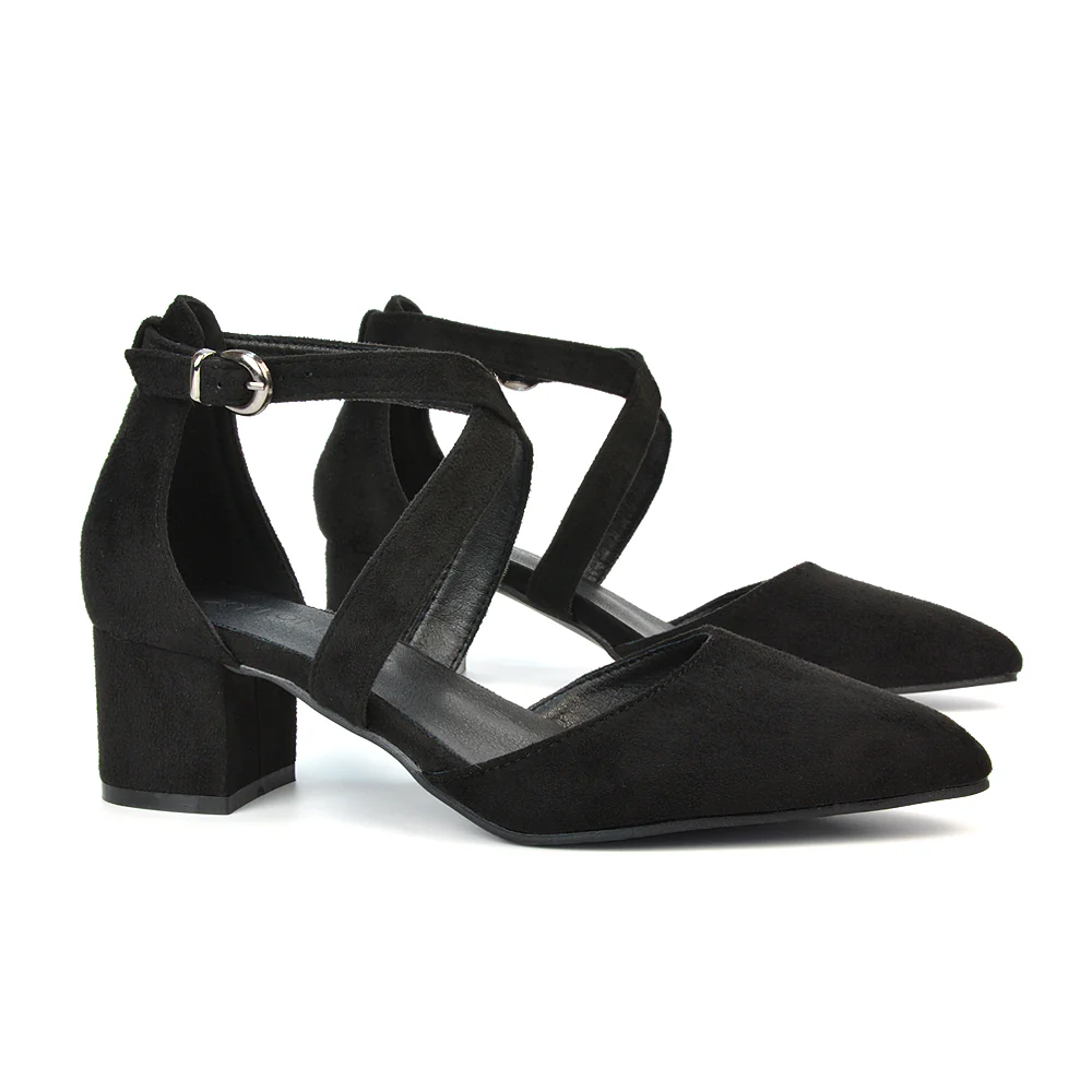 Cynthia Pointed Toe Ankle Strap Mid Block Heels Court Shoes in White Synthetic Leather - Image 190
