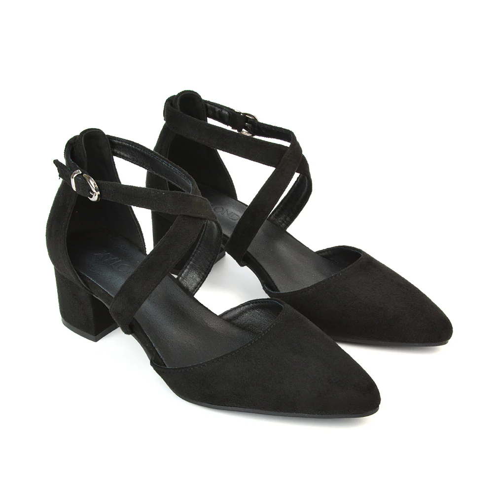 Cynthia Pointed Toe Ankle Strap Mid Block Heels Court Shoes in White Synthetic Leather - Image 193