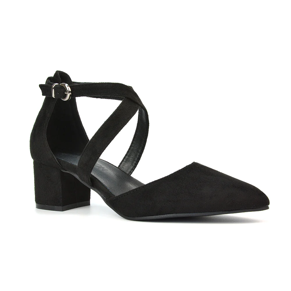 Cynthia Pointed Toe Ankle Strap Mid Block Heels Court Shoes in White Synthetic Leather - Image 200