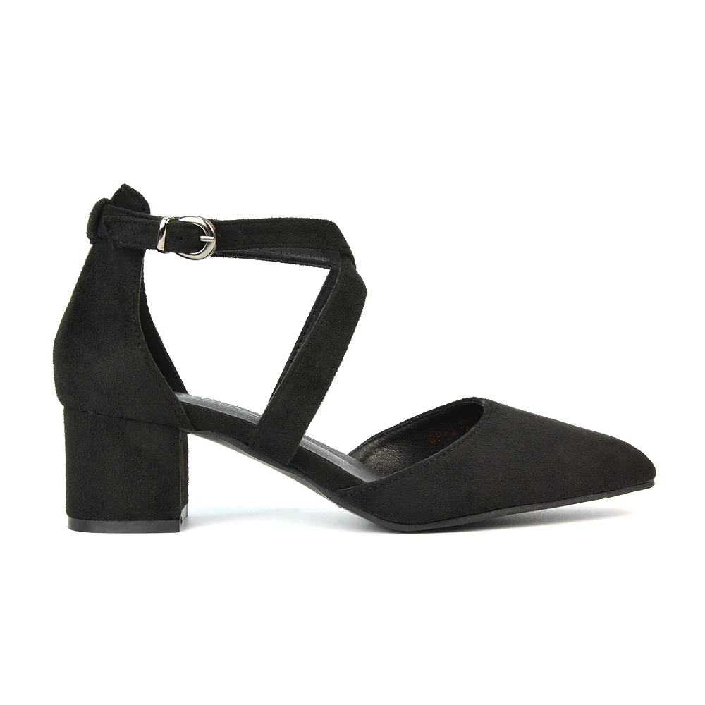 Cynthia Pointed Toe Ankle Strap Mid Block Heels Court Shoes in White Synthetic Leather - Image 207
