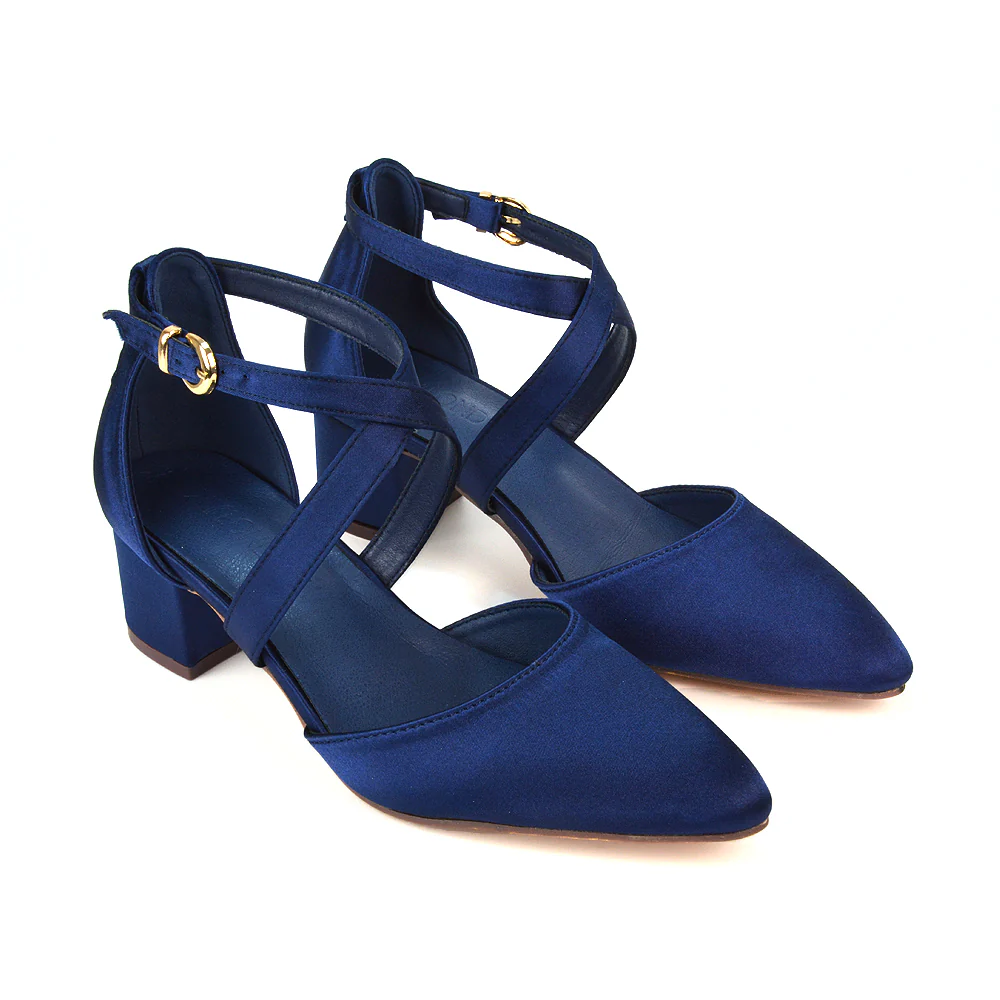 Cynthia Pointed Toe Ankle Strap Mid Block Heels Court Shoes in White Synthetic Leather - Image 25