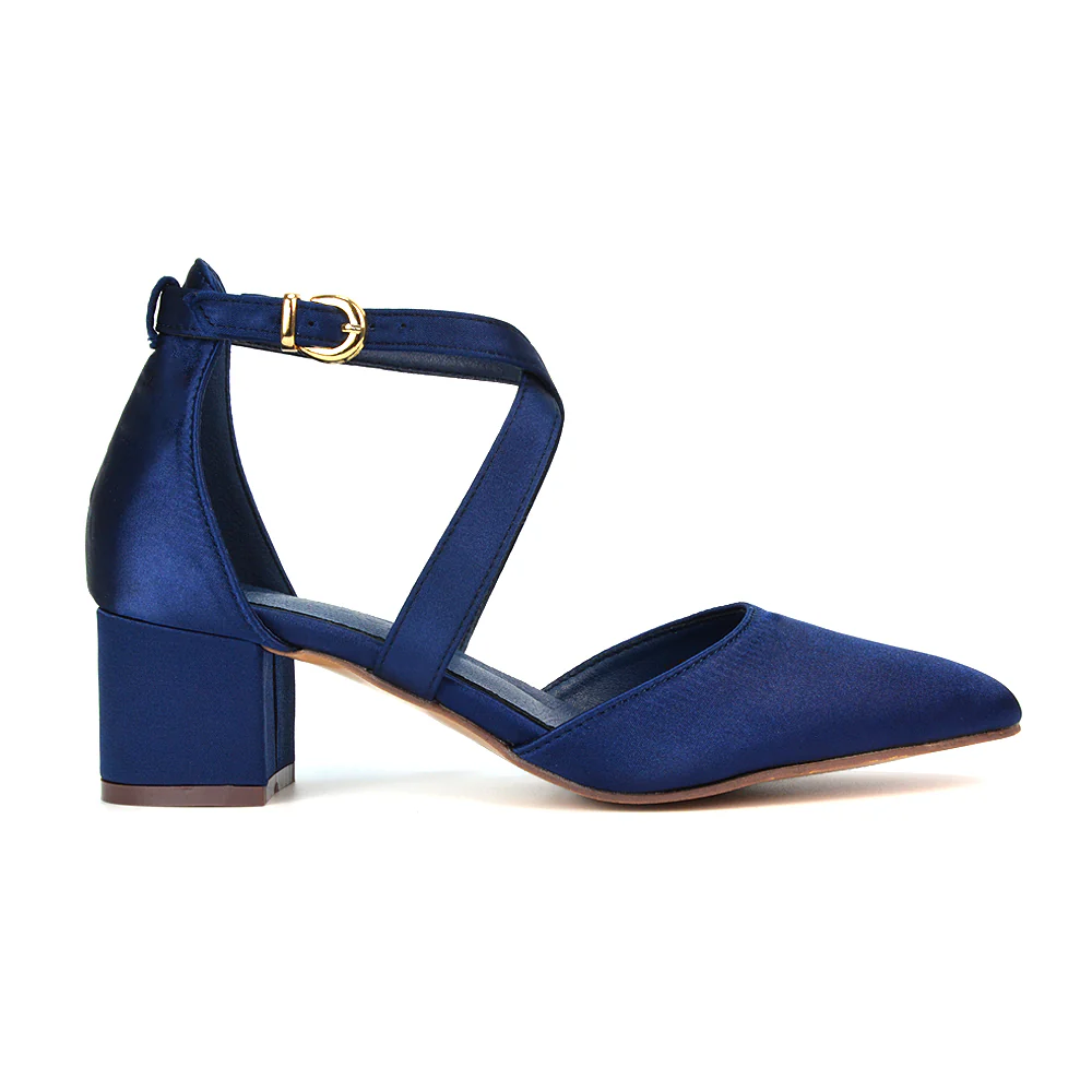Cynthia Pointed Toe Ankle Strap Mid Block Heels Court Shoes in White Synthetic Leather - Image 27