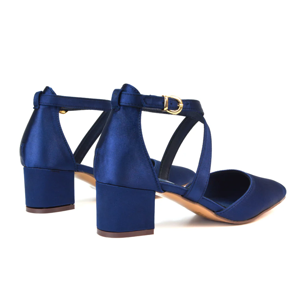 Cynthia Pointed Toe Ankle Strap Mid Block Heels Court Shoes in White Synthetic Leather - Image 30