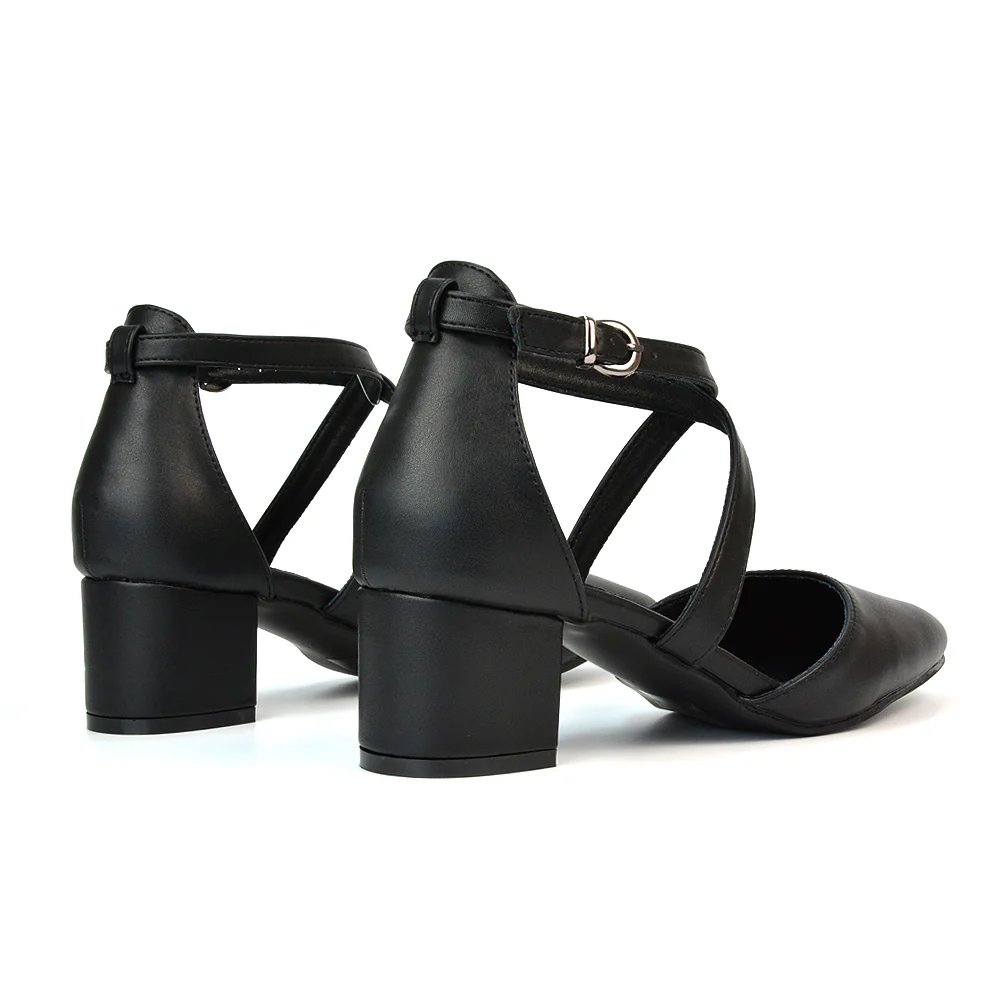 Cynthia Pointed Toe Ankle Strap Mid Block Heels Court Shoes in White Synthetic Leather - Image 48