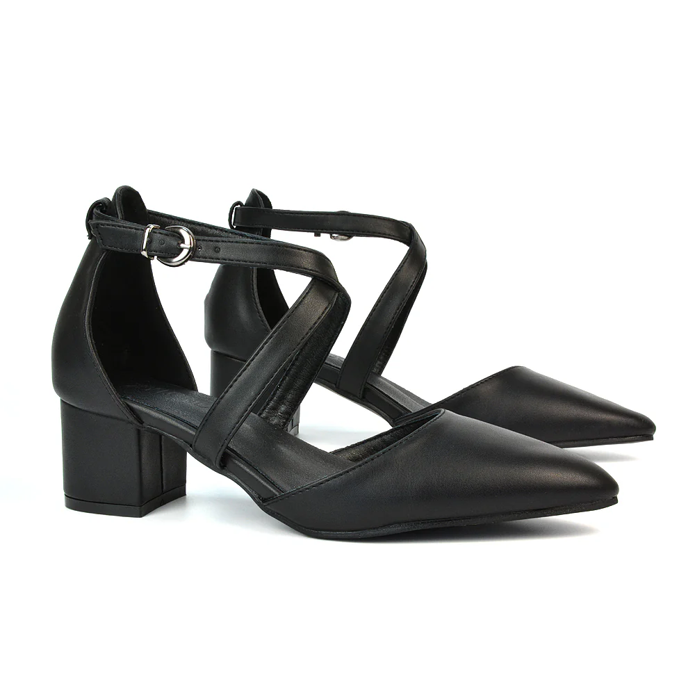 Cynthia Pointed Toe Ankle Strap Mid Block Heels Court Shoes in White Synthetic Leather - Image 52