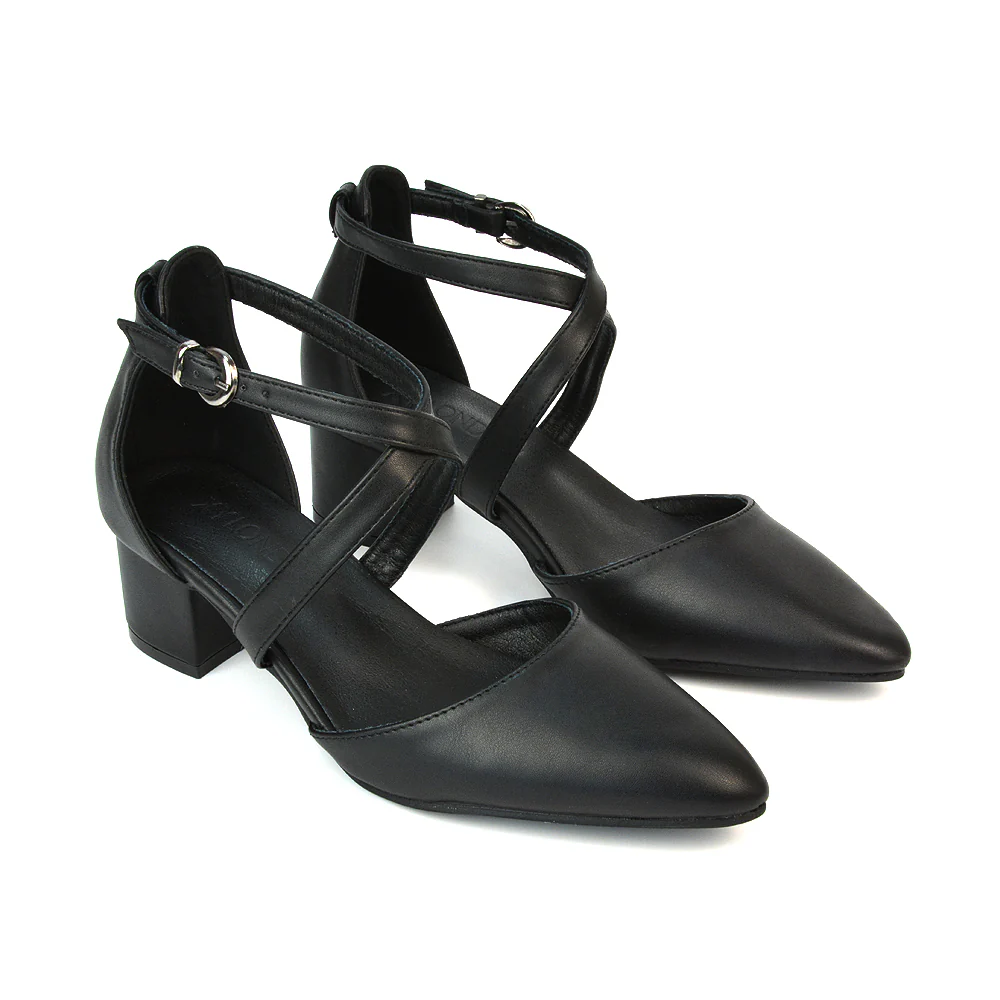Cynthia Pointed Toe Ankle Strap Mid Block Heels Court Shoes in White Synthetic Leather - Image 61