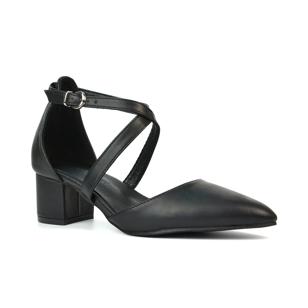 Cynthia Pointed Toe Ankle Strap Mid Block Heels Court Shoes in White Synthetic Leather - Image 74