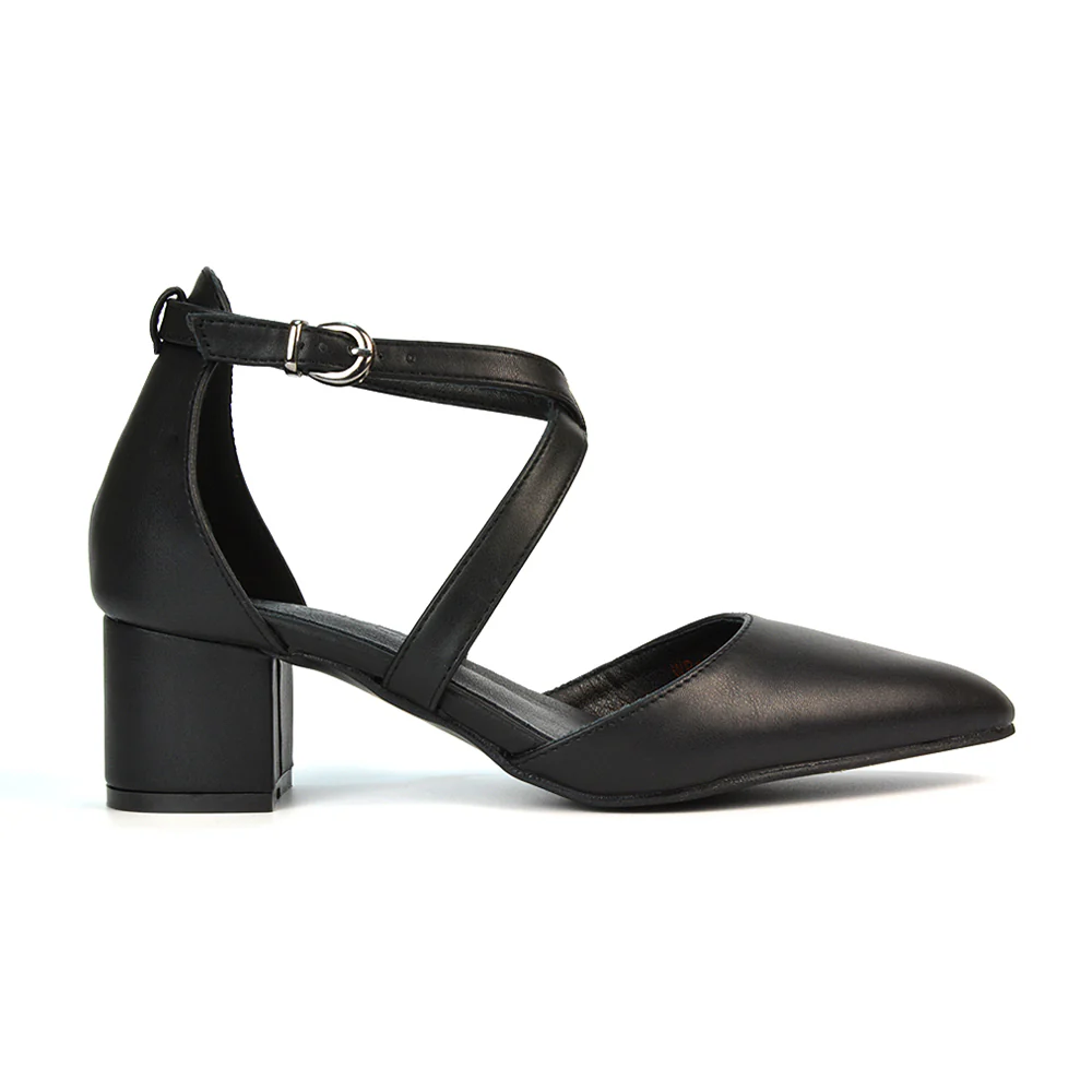 Cynthia Pointed Toe Ankle Strap Mid Block Heels Court Shoes in White Synthetic Leather - Image 75