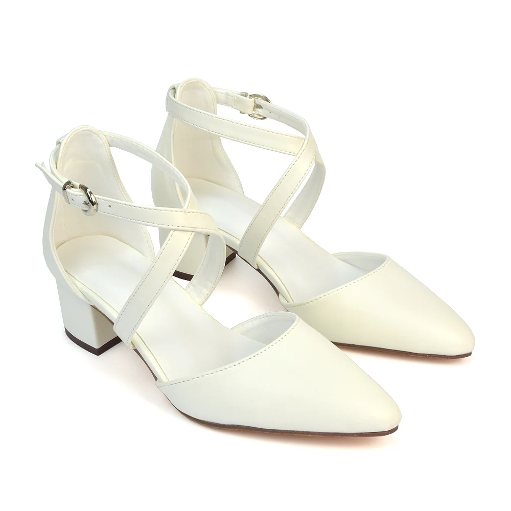 Cynthia Pointed Toe Ankle Strap Mid Block Heels Court Shoes in White Synthetic Leather - Image 80