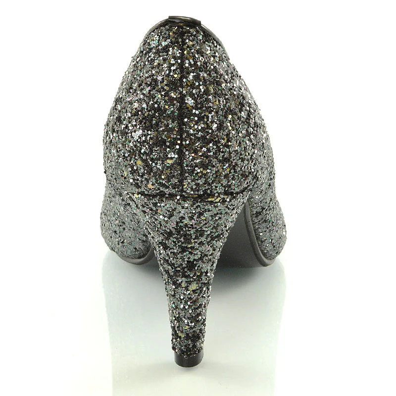 Dafney Pointed Closed Toe Mid Stiletto High Heel Slip On Court Shoes in Black Glitter - Image 3