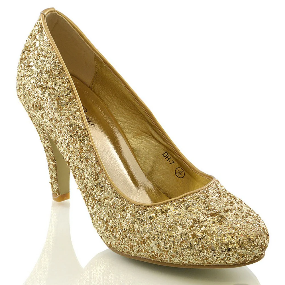 Dafney Pointed Closed Toe mid Stiletto High Heel Slip on Court Shoes in Gold Glitter - Image 5