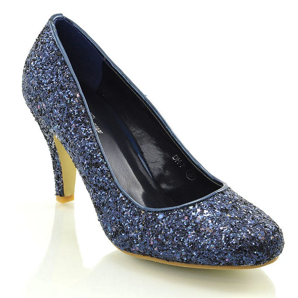 Dafney Pointed Closed Toe mid Stiletto High Heel Slip on Court Shoes in Navy Glitter - Image 6