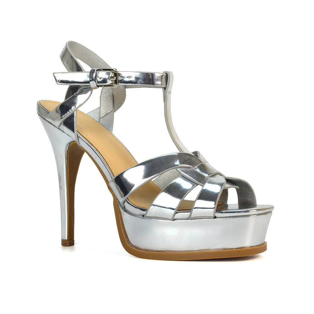 Dafney Stiletto Strappy Platform Open Toe High Heel Sandals in Silver - Image 5