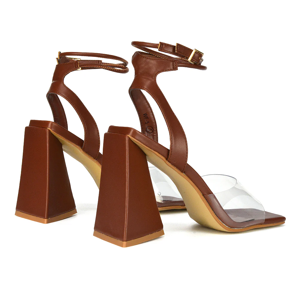 Dahlia Lace Up Ankle Strappy Perspex Square Toe Chunky Block High Heels in Black - Image 36