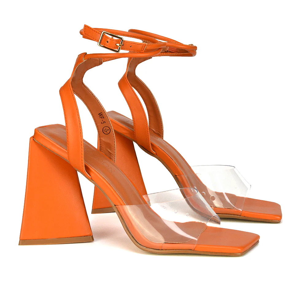 Dahlia Lace Up Ankle Strappy Perspex Square Toe Chunky Block High Heels in Black - Image 75