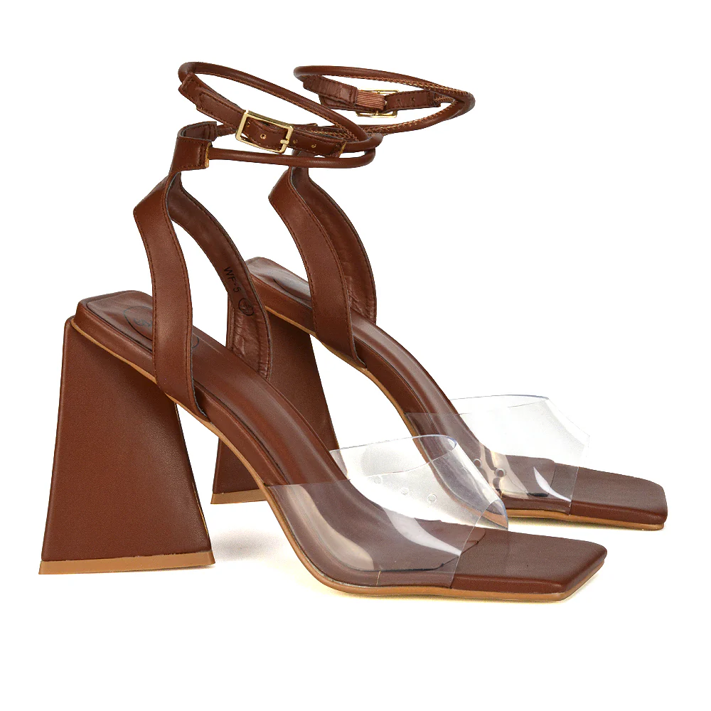 Dahlia Lace Up Ankle Strappy Perspex Square Toe Chunky Block High Heels in Brown - Image 43