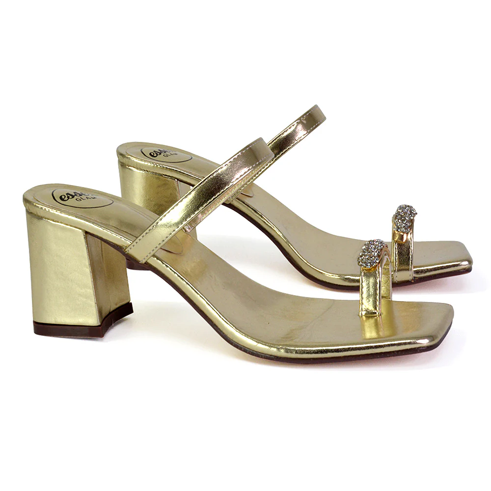 Daiquiri Double Strap Square Toe Ring Block Heel Sandals in Gold - Image 104
