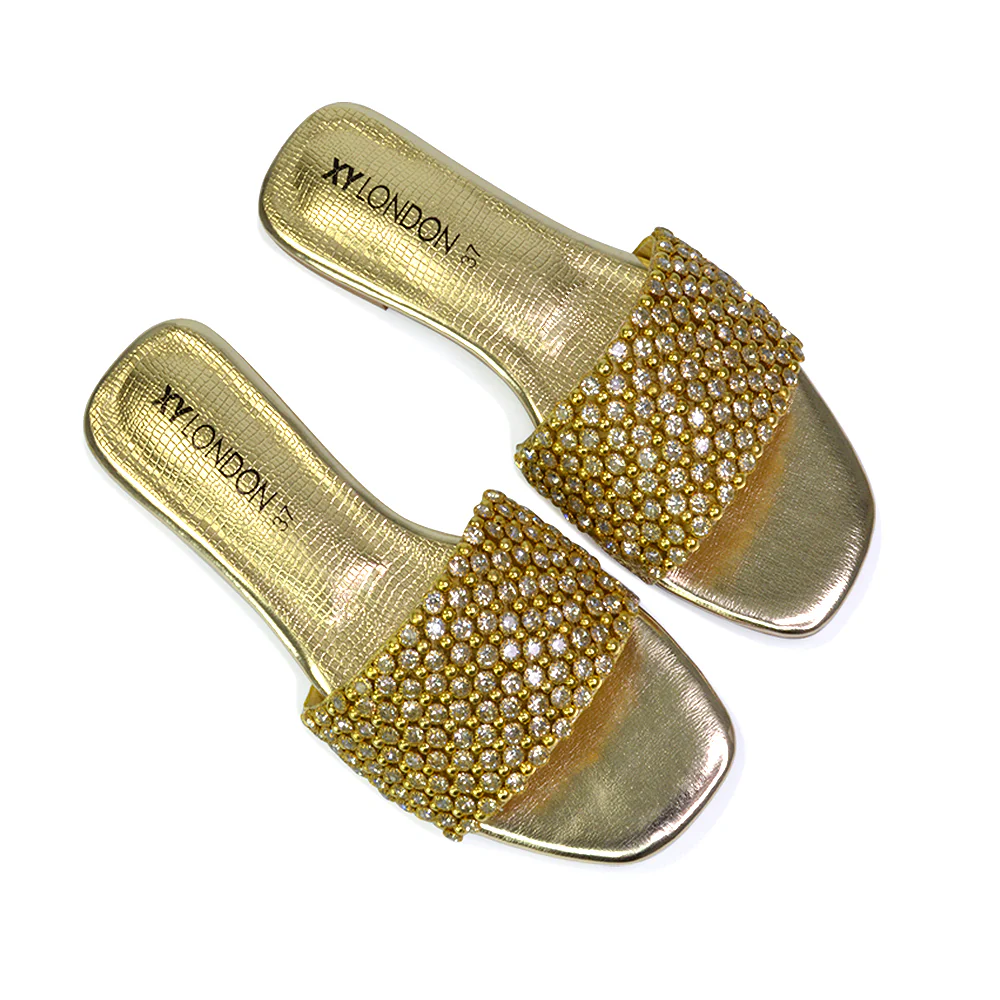 Daisy-Jones Slip On Slider Diamante Flat Sandals With Square Toe in Black - Image 112
